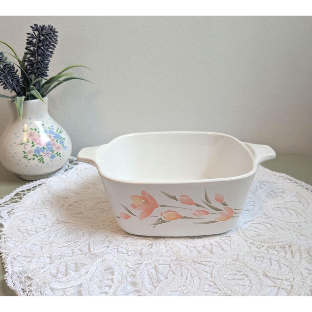 Vintage Corning Ware P-43-B 700 mL Casserole Dish, Peach Floral Baking Dish